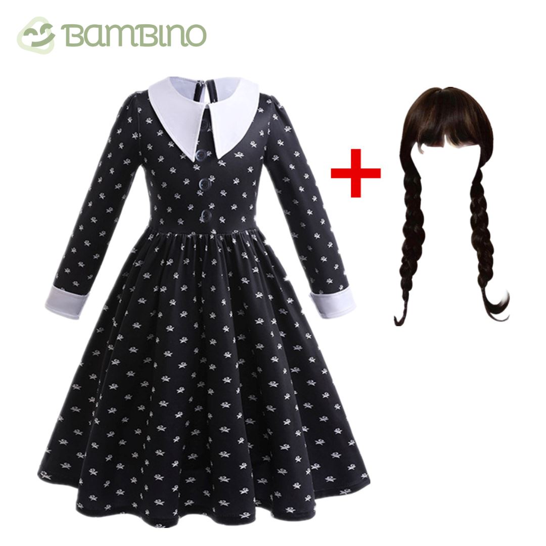 Fantásia Cosplay Wandinha Infantil Bambino - Peruca e Vestido Fantásia Cosplay Wandinha Infantil Bambino Loja do Bambino Modelo 1 3 Anos 